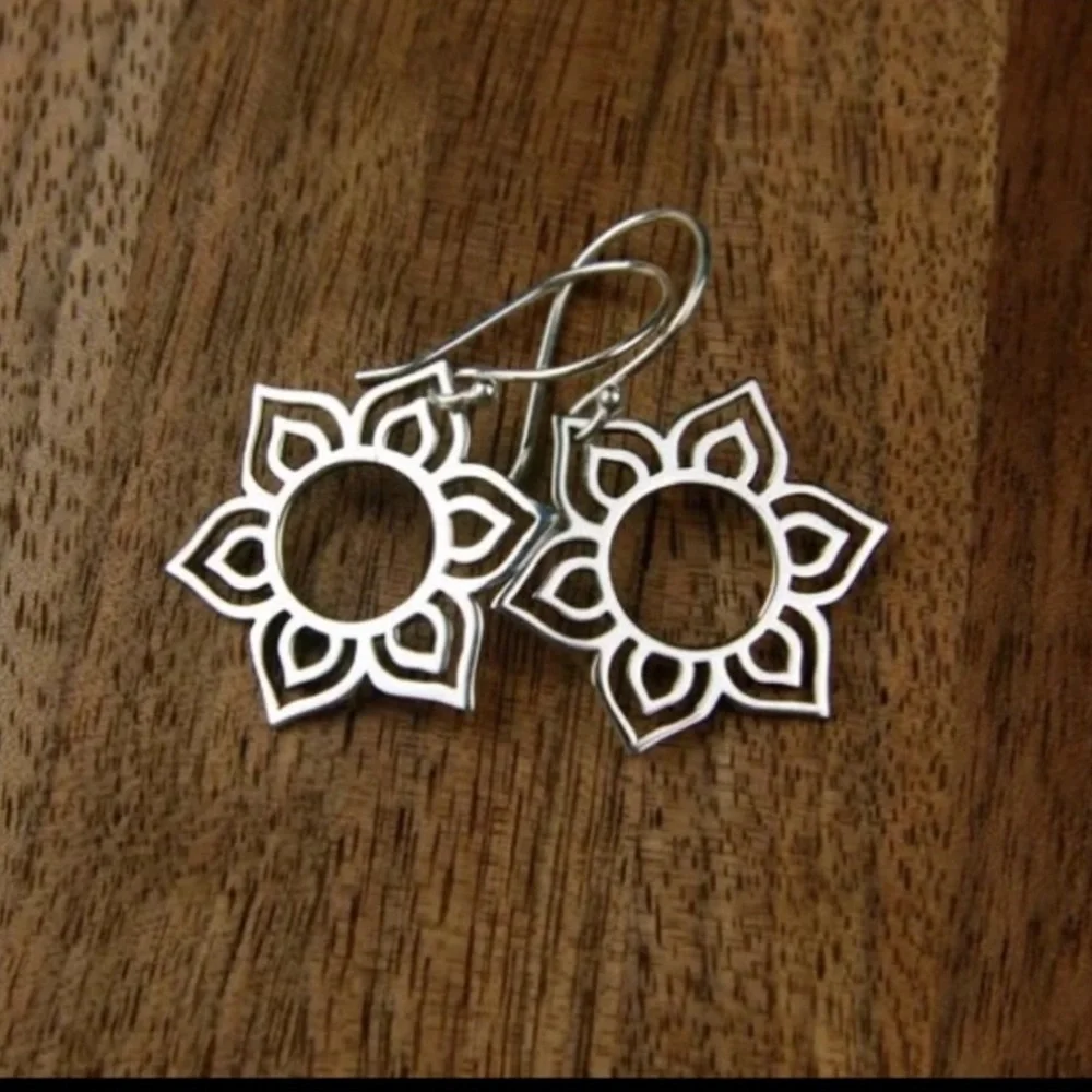 Silver Lotus Dangle Drop Earrings